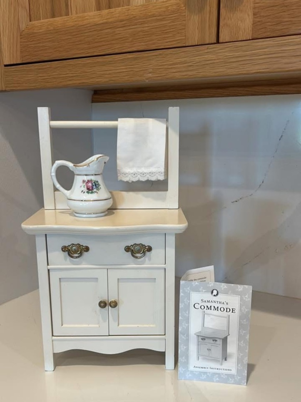 Pleasant company Samantha 1993 White Commode Cabinet w/ Towel Rack and Pitcher